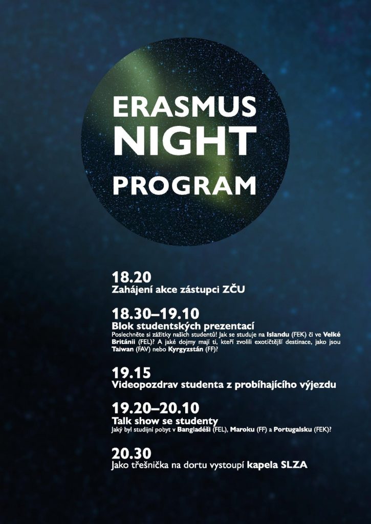 Erasmus Night poster, americké centrum US Point, ZČU
